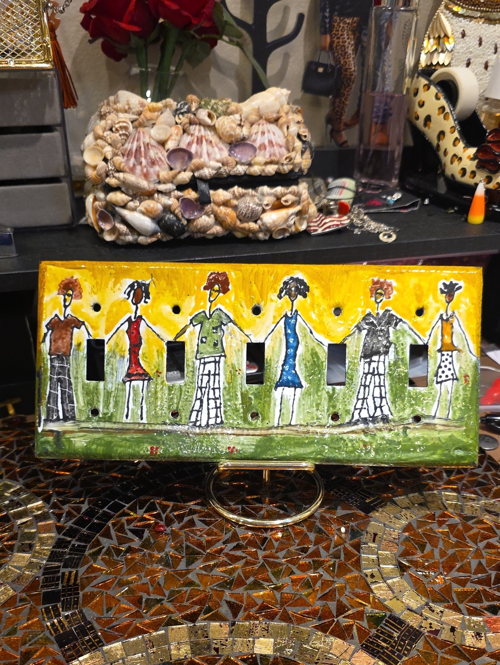Vintage Ceramic Triple Toggle Switch Plate with Yellow, Green, Red, Blue Accents